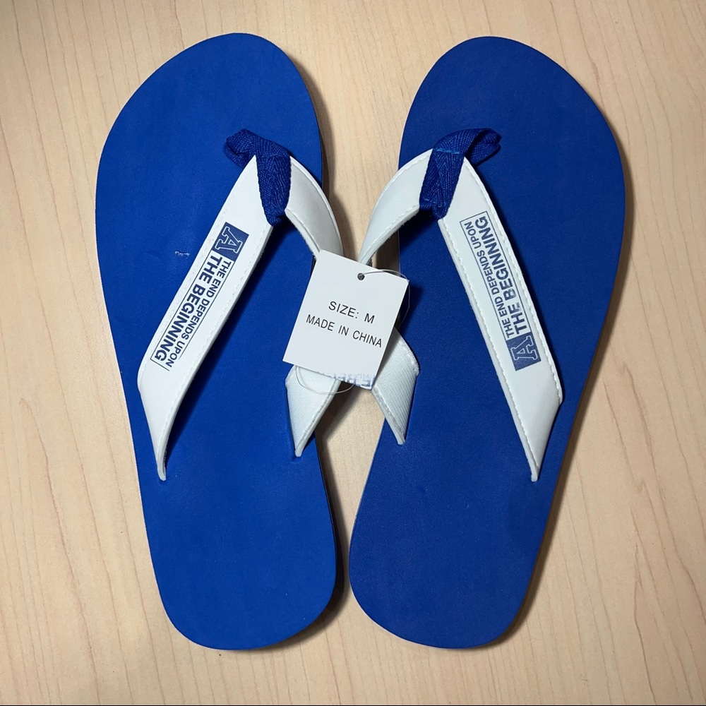 NWT "The End Depends Upon the Beginning" Flip Flops, Blue, Size M (10 inch)
